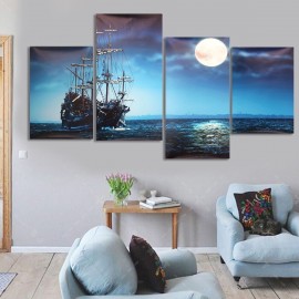 4Pcs Blue Sea Boat Canvas Painting Unframed Wall Art Bedroom Living Room Home Decor