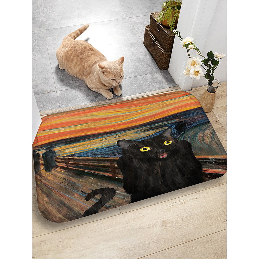Black Cat Pattern Floor Mats Flannel Water Absorption Antiskid Floor Mat Bath Room Door Mat