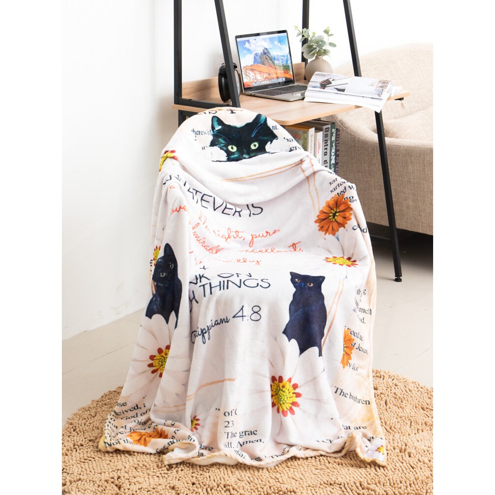 Cat And Letter Pattern Blanket Coral Fleece Lunch Break Sofa Blanket Air Conditioning Blanket